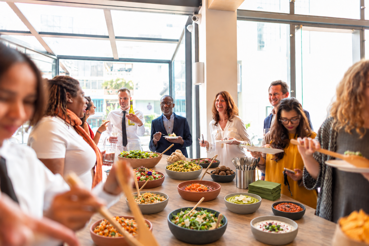 Pickles lunch formula buffet office corporate event catering team people talking